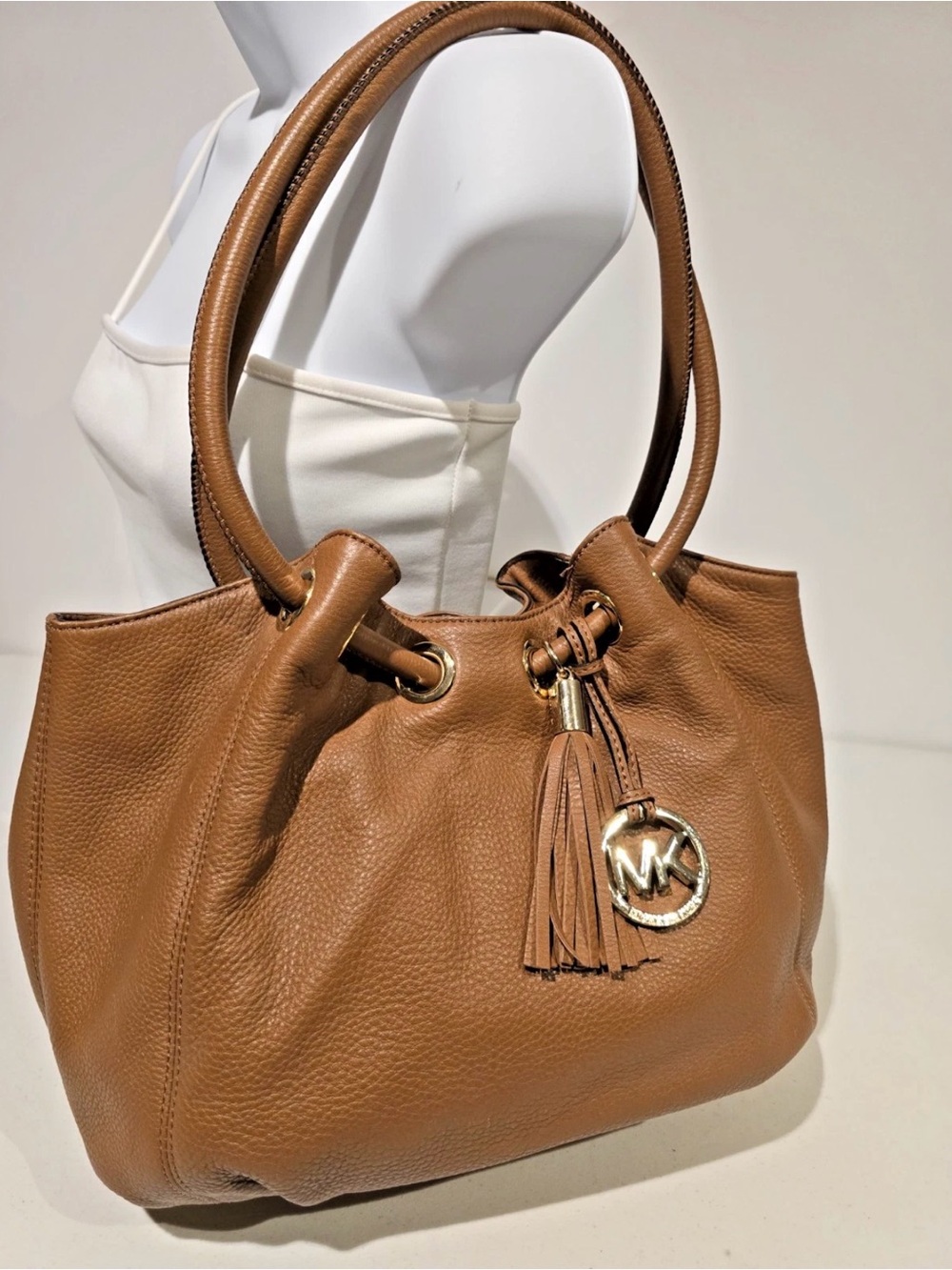Michael Kors Cognac Pebbled Leather Shoulder Bag with Tassel Charm